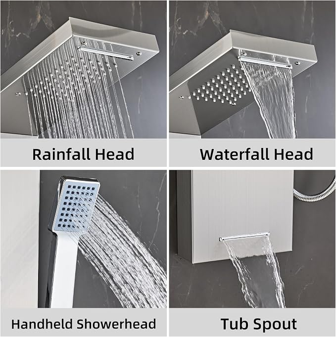 6 in1 Multi-Function Shower Panel Tower System-Brushed Gray | 304 stainless steel Shower Panel Column Tower with Powerful Body Massage, Rainfall, Waterfall,Handheld and Tub Spout