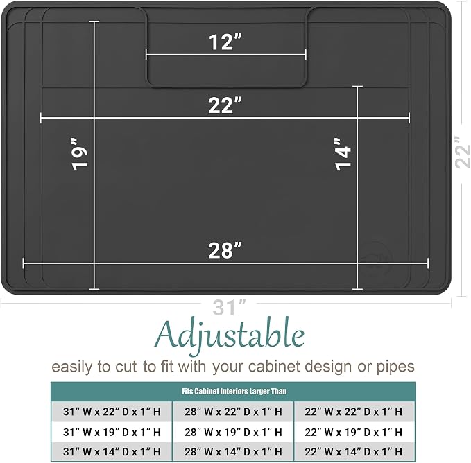 The Original Under Sink Mat - Silicone Waterproof mat, Trimmable, Easy to Clean, Kitchen cabinet liner, Under sink protector mats, Drip Tray with Lip (Dark Gray, 31" x 22")