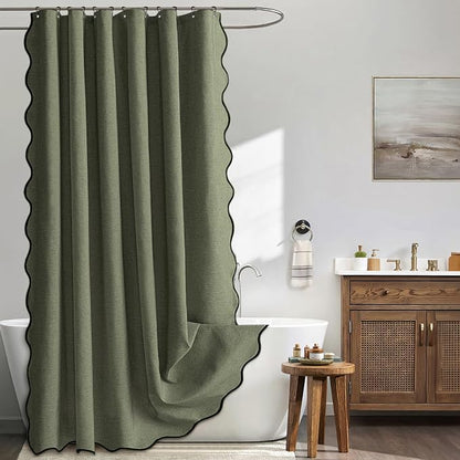 MIULEE Olive Green Scalloped Linen Shower Curtain 72x72 Inches | Linen Textured, Waterproof, Washable, 12 Metal Hooks, Heavy Duty Cloth, Black Border, Shower Curtain for Bathroom Bathtub