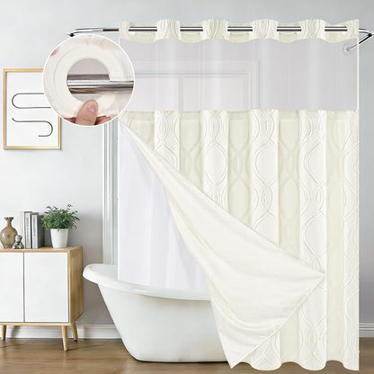 Yinhua No Hook Shower Curtain with Snap in Liner Set, 71" W×74" L, Beige | Hotel Style Curtains with See Through Top Window, Washable Waterproof, Tufted, Hookless Curtain for Bathroom Bathtub