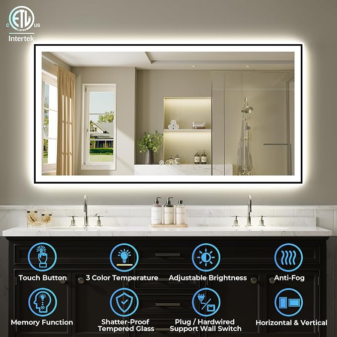 72x36 LED Bathroom Mirror with Lights, Black Framed Lighted Mirror | Backlit and Front Light, Anti-Fog, 3 Color Dimmable, Memory, Tempered Glass, IP54 Waterproof, UL Listed