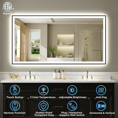 60x36 LED Bathroom Mirror with Lights, Black Framed Lighted Mirror | Backlit and Front Light, Anti-Fog, 3 Color Dimmable, Memory, Tempered Glass, IP54 Waterproof, UL Listed