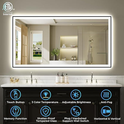 72x40 Inch LED Bathroom Mirror with Lights (Front Lit and Backlit) Black Framed Lighted Vanity Mirror for Bathroom Wall Dimmable Anti-Fog Memory Tempered Glass Horizontal/Vertical