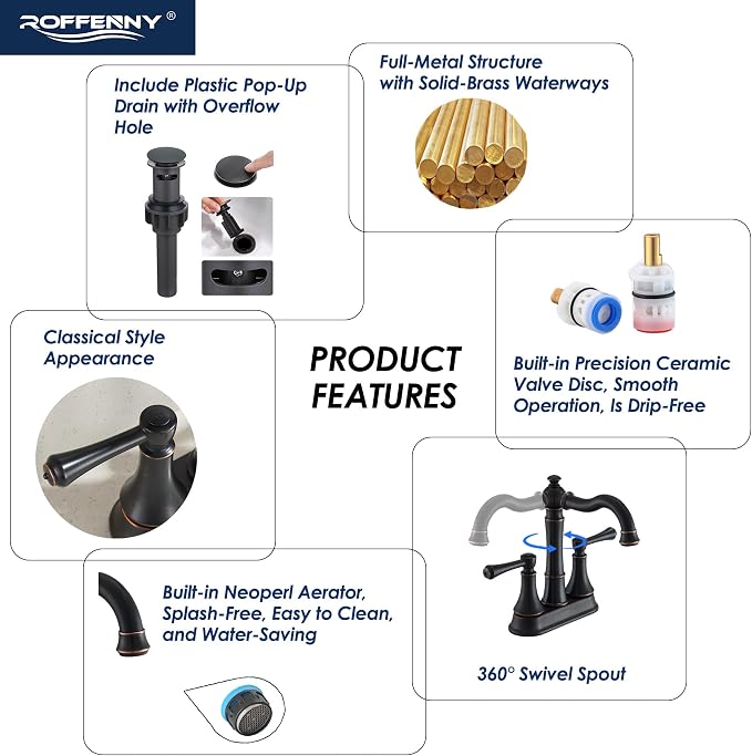 4" Centerset Oil Rubbed Bronze Bathroom Faucet for 2/3-Hole Sink | Includes Plastic Pop-Up Drain, Classic 4" Center Set Lavatory/Bath Vanity Faucets, 2-Handle High Arc 360° Swivel Brass Spout