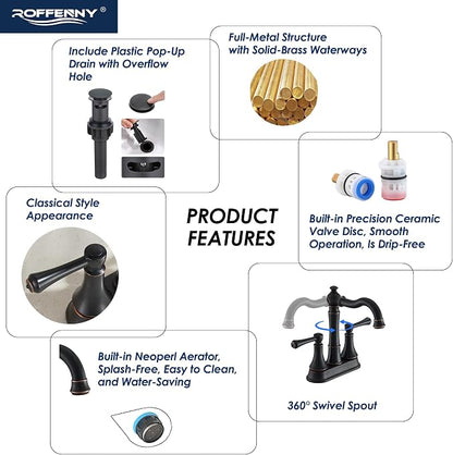 4" Centerset Oil Rubbed Bronze Bathroom Faucet for 2/3-Hole Sink | Includes Plastic Pop-Up Drain, Classic 4" Center Set Lavatory/Bath Vanity Faucets, 2-Handle High Arc 360° Swivel Brass Spout
