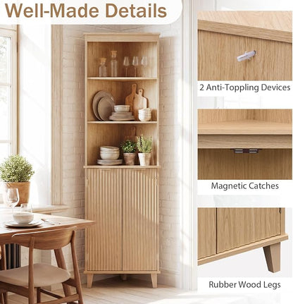 Giantex 68" Tall Corner Cabinet with Fluted Doors (Oak) | Modern Bathroom Floor Storage Cabinet, 6-Tier Space Saver Display Shelves for Kitchen, Living Room, Hallway, Laundry