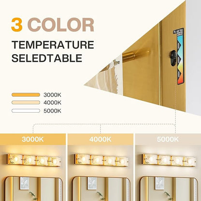 Tribesigns 4-Light Vanity Fixtures, Curved Cloud Glass Lampshades Gold Copper Plate, Modern Bathroom Wall Lighting Fixtures Over Mirror, 3CCT LED Vanity Lights (29-Inch, 3000K/4000K/5000K, Dimmable)