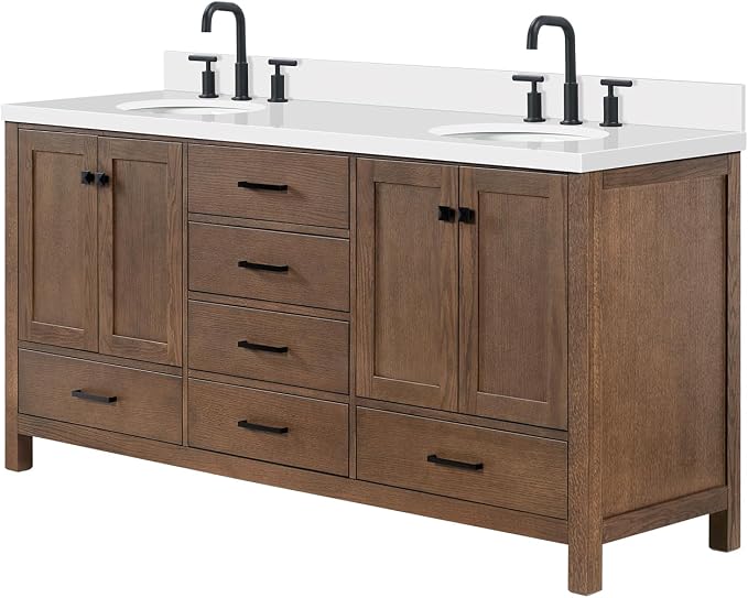 ARIEL Cambridge 72-inch Bathroom Vanity with Sink,Solid Wood, 1.5-inch Pure White Quartz Countertop & Backsplash, Double Oval Porcelain Sink, 4 Soft Closing Doors, 6 Dovetail Drawers, Brown Oak