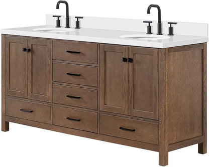 ARIEL Cambridge 72-inch Bathroom Vanity with Sink,Solid Wood, 1.5-inch Pure White Quartz Countertop & Backsplash, Double Oval Porcelain Sink, 4 Soft Closing Doors, 6 Dovetail Drawers, Brown Oak