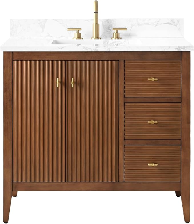 Vanity Art 36 inch Bathroom Vanity with Single Sink & Ceramic Top, Vanity Cabinet with Soft-Closing Door, Solid Wood Frame, Linear Pattern, Walnut, Golden Brushed Handware VA9136-Walnut-GB