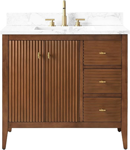 Vanity Art 36 inch Bathroom Vanity with Single Sink & Ceramic Top, Vanity Cabinet with Soft-Closing Door, Solid Wood Frame, Linear Pattern, Walnut, Golden Brushed Handware VA9136-Walnut-GB