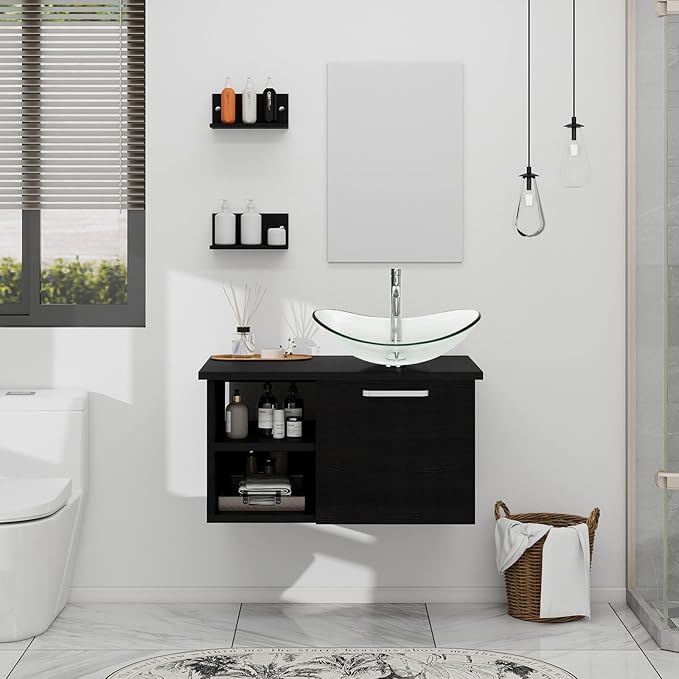 YOURLITE 28" Wall Mounted Bathroom Vanity Modern Lavatory Wood Cabinet with Mirror Clear Boat Tempered Glass Sink Combo Vanities Set