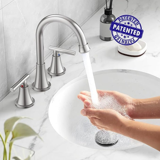 Bathroom Faucets for Sink 3 Hole, Hurran Brushed Nickel Bathroom Sink Faucet with Pop-up Drain and Supply Lines, Stainless Steel Lead-Free Widespread Faucet for Vanity RV Farmhouse Sink