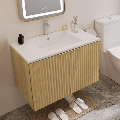 30" Modern Bathroom Vanity with Wavy Textured Doors - Wall Mounted Floating Cabinet, Soft-Close Waterproof Storage for Small Bathroom, Easy Install (Nature Without Sink, 30")