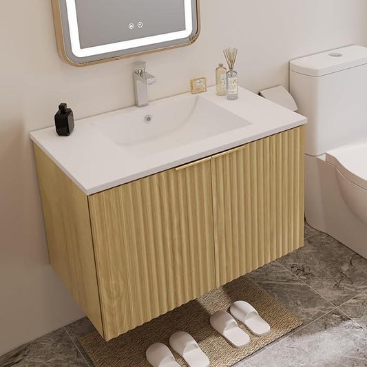 30" Modern Bathroom Vanity with Wavy Textured Doors - Wall Mounted Floating Cabinet, Soft-Close Waterproof Storage for Small Bathroom, Easy Install (Nature Without Sink, 30")