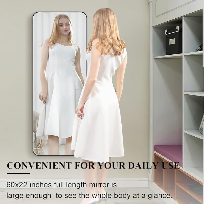 22" x 60" Full Length Wall Mirror, Large Black Mirror for Bathroom, Rounded Corner Rectangle Body Mirror for Floor and Leaning