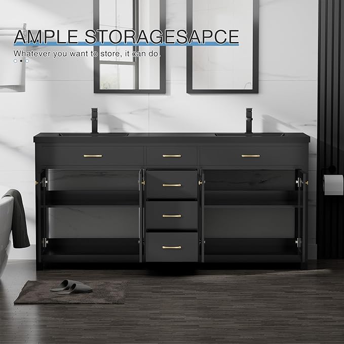 LUCKWIND 72" Bathroom Vanity and Sink Combo, Painted Modern Bathroom Storage Cabinet with Double Large Black Sink, Four Doors and Three Drawers, Include Faucet, Without Mirror, Black