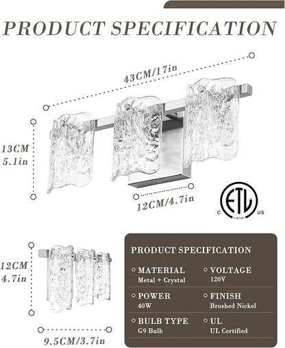 3-Light Bathroom Vanity Light, Brushed Nickel Bathroom Light Fixture Over Mirror with Clear Glass, Modern Bath Wall Sconce Lighting for Bath Restroom, OS-MM5002-3BN