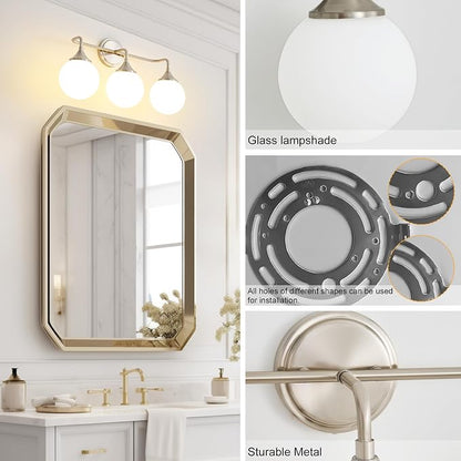 Brushed Nickel Bathroom Light Fixtures Over Mirror Vanity 3-Light | Mid Century Modern Brushed Nicke Wall Sconce with Milky White Glass Ball Shades for for Bathroom Dressing Table Bedroom