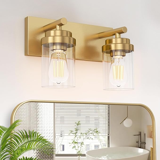 IZORRO Bathroom Vanity Light Fixture, 2-Light 15 Inch Gold Bathroom Light Fixtures Over Mirror, with Clear Glass Shade, Modern Farmhouse Vanity Lights, Rustic Restroom Lighting Fixtures