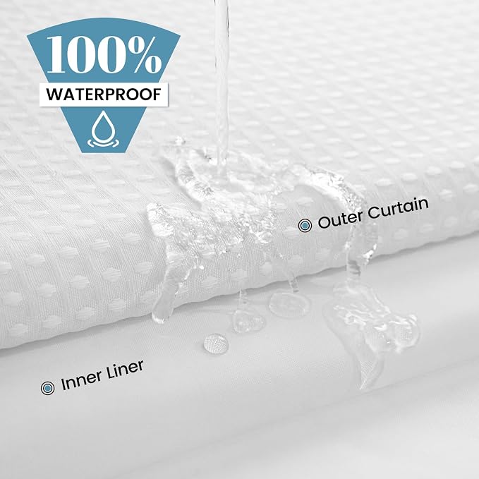 SORTTO No Hook Shower Curtain with Snap in Liner Set Waffle Shower Curtain for Bathroom Hotel Style Fabric Waterproof Inner Liner，71" W x 77" H, White