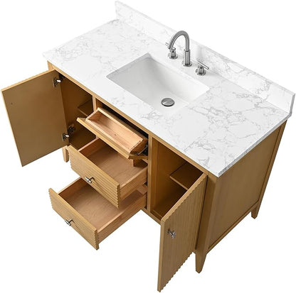 HOMEBEYOND 48" Bathroom Vanity with Sink, Solid Wood Bathroom Vanity Free-Standing Cabinet, Drawers, Ceramic Top & Soft Closing Door, Golden Brushed Handware, Natural Oak
