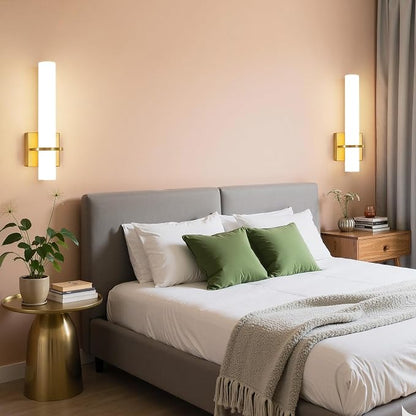 AIJIASI Battery Operated Gold Wall Sconces - 15 Inch Modern Sconce Wall Lighting 3000K-6000K Dimmable LED Wall Sconces Set of Two, Indoor Bathroom Sconce for Living Room Bedroom Hallway Stairway