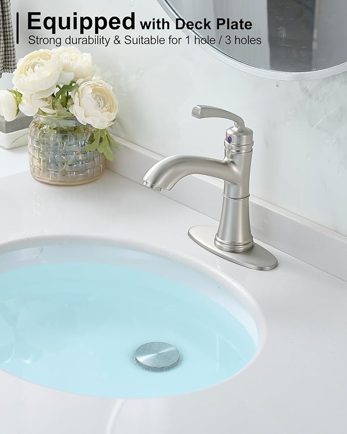 Brushed Nickel Bathroom Faucet Single Handle, Brass Bathroom Vanity Faucet 4 Inch Bathroom Sink Faucet 1 Hole or 3 Holes, Bathroom Faucets with Deck Plate & Pop-up Drain, No Noise