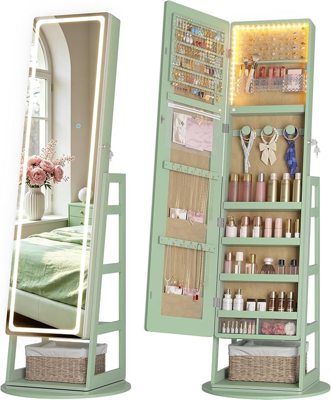 LVSOMT Standing Jewelry Cabinet Mirror with Adjustable LED Light Green | 63" Lockable Jewelry Armoire Organizer with 4 Rear Shelves & Hooks, 360° Swivel, for Bedroom, Living Room, Women Girls Gift