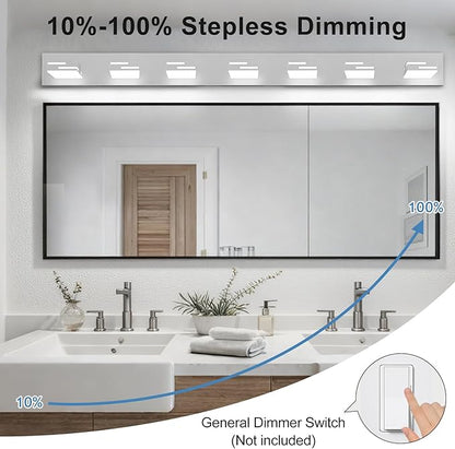 LED Modern Bathroom Vanity Light Fixtures, 7-Light 48-inch Dimmable Chrome Vanity Lights for Bathroom Lighting Fixtures Over Mirror, with 350° Rotatable Heads (Cool White 6000K)