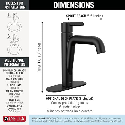 Delta Nicoli Matte Black Bathroom Faucet 1 Hole, Single Hole Bathroom Sink Faucet for Vanity, Push-Pop Drain Assembly, Matte Black 15849LF-BL