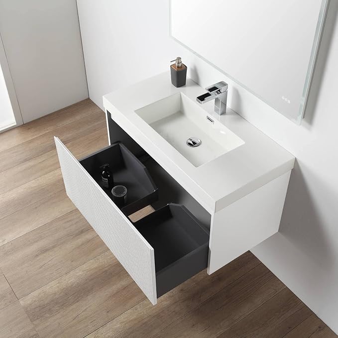 Blossom 36 Inch Bathroom Vanity with Sink | All Wood Wall Mounted Floating Vanity Cabinet with Acrylic Sink | Soft-Close Drawer | Modern Minimalist Style Vanities (36" w/Acrylic Basin, Matte White)