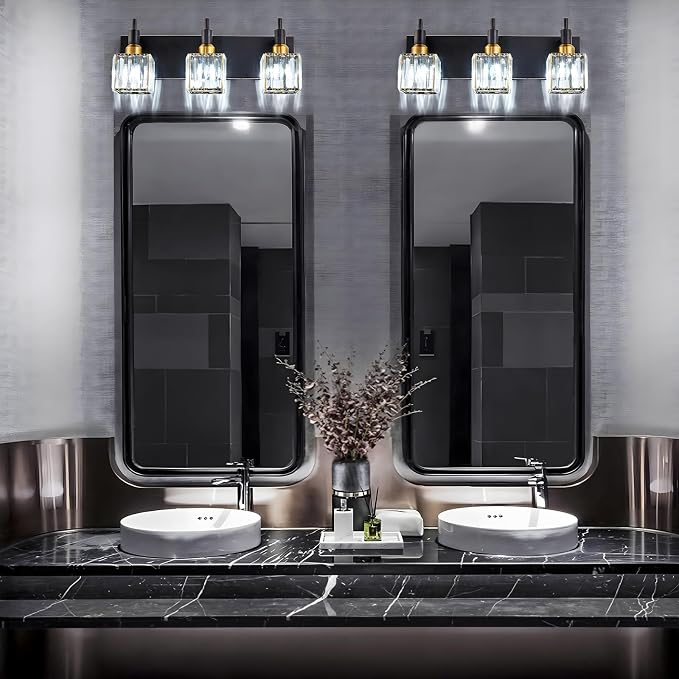 Modern Crystal Bathroom Vanity Light 3-Light Brass Wall Light Fixtures Over Mirror Black and Gold Vanity Lighting for Bathroom Square Shade Brass Wall Sconce