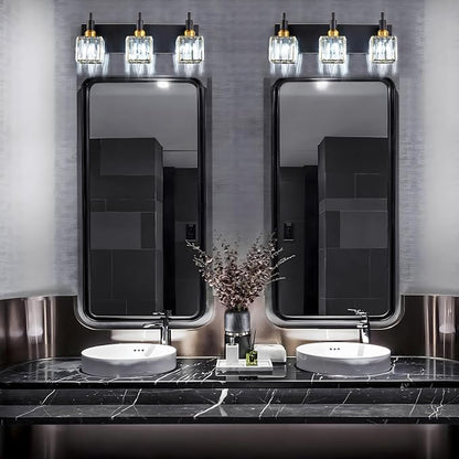 Modern Crystal Bathroom Vanity Light 3-Light Brass Wall Light Fixtures Over Mirror Black and Gold Vanity Lighting for Bathroom Square Shade Brass Wall Sconce