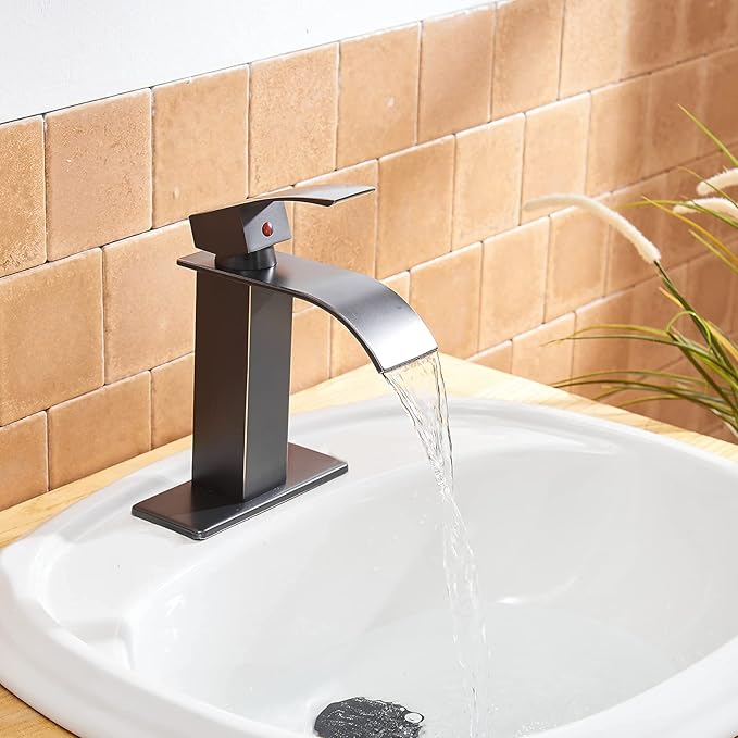 BWE Waterfall Bathroom Faucet Oil Rubbed Bronze Faucet for Bathroom Sink 1 Hole Single Handle Modern Vanity Faucet Lavatory Bath Mixer Tap with Pop Up Drain Assembly with Overflow and Supply Line