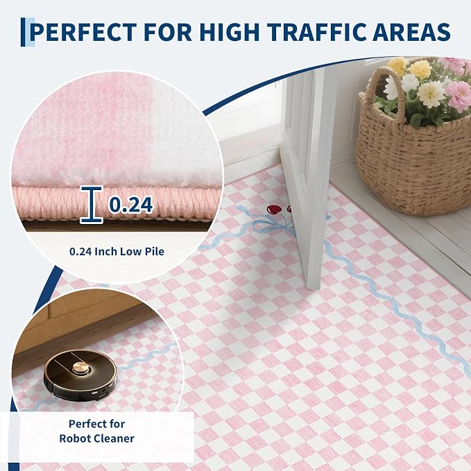 Garvee Washable Runner Rug 2x6 Non Slip Blush Pink Checkered Cherry | Coquette Aesthetic Decor Kitchen Rugs Low Pile Entryway Rug Soft Stain Resistant Carpet for Bedroom Bathroom Hallway Laundry