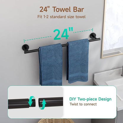 4PCS Matte Black Bathroom Accessories Set, 24-Inch Towel Bar Set | Durable SUS304 Stainless Steel Bathroom Hardware Set, Towel Racks for Bathroom Wall Mounted, Modern Home Decor