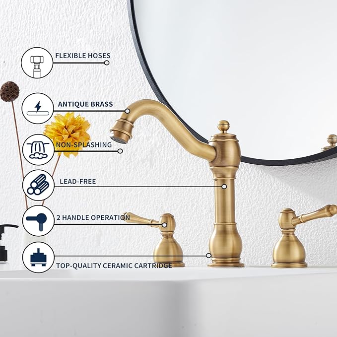 GGStudy 2 Handles 3 Holes Faucet Widespread Bathroom Sink Faucet Basin Tap Mixer Supply Hose Included Matching Pop Up Drain Antique Brass