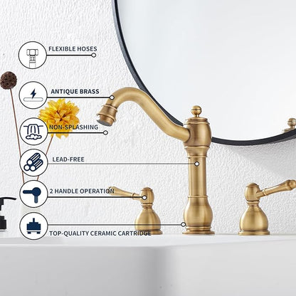 GGStudy 2 Handles 3 Holes Faucet Widespread Bathroom Sink Faucet Basin Tap Mixer Supply Hose Included Matching Pop Up Drain Antique Brass