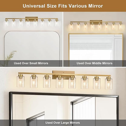 IZORRO Modern Bathroom Light Fixtures, 8 Light Gold Vanity Lights, Bathroom Lighting Fixtures Over Mirror with Clear Glass for Living Room Cabinet Bedroom