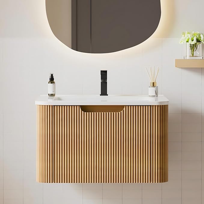 Floating Bathroom Vanity with Sink, Nature Soild Wood Cabinet with Ceramic Basin, Extra Large Storage Drawer & Pre-Assembled Vanities for Bathroom, Powder Room (Nature A Style, 24")