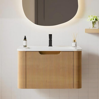 Floating Bathroom Vanity with Sink, Nature Soild Wood Cabinet with Ceramic Basin, Extra Large Storage Drawer & Pre-Assembled Vanities for Bathroom, Powder Room (Nature A Style, 24")