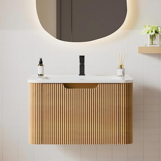 Floating Bathroom Vanity with Sink, Nature Soild Wood Cabinet with Ceramic Basin, Extra Large Storage Drawer & Pre-Assembled Vanities for Bathroom, Powder Room (Nature A Style, 24")