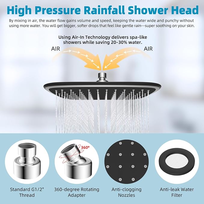 10" Rain Shower Head with 16" Metal Extension Arm, High-Pressure Showerhead | Chrome, Boosting Rainfall/Fixed Showerhead, Stainless Steel Shower Extender Adjustable Height/Angle, Easy 1-Min Installation