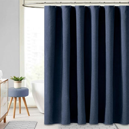 BTTN 78 Inch Long Shower Curtain - Linen Textured Thick Weighted Fabric Shower Curtain Set with 12 Hooks, Tall Neutral Heavy Duty Waterproof Polyester Shower Curtains for Bathroom - 72x78 - Navy Blue