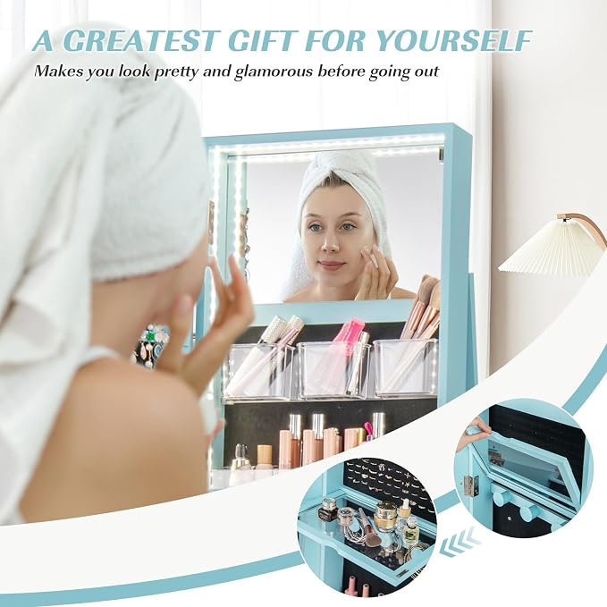 MAT EXPERT 360° Rotating Jewelry Armoire, Lockable Freestanding Jewelry Organizer w/Full-length Mirror, 3-Color LED Lights, Rear Storage Shelves, Mirror Jewelry Cabinet for Bedroom (Sky Blue)