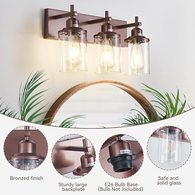 3-Light Bronze Bathroom Light Fixtures Over Mirror,Modern Bathroom Vanity Light with Clear Glass Shade, Wall Sconce for Bathroom Hallway Cabinet Bedroom Kitchen Living Room Foyer E26 Base