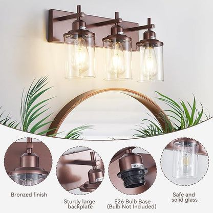 3-Light Bronze Bathroom Light Fixtures Over Mirror,Modern Bathroom Vanity Light with Clear Glass Shade, Wall Sconce for Bathroom Hallway Cabinet Bedroom Kitchen Living Room Foyer E26 Base