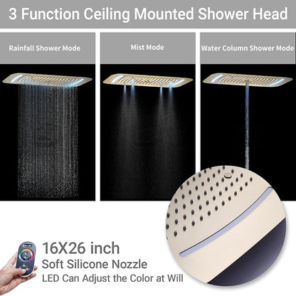 3 Functions Shower Head System Brushed Gold Shower Faucet Set | 16X26 inch Ceiling Shower, 6 Body Jet, Handheld Shower, Temperature Display, 5 Functions Can All Run Together