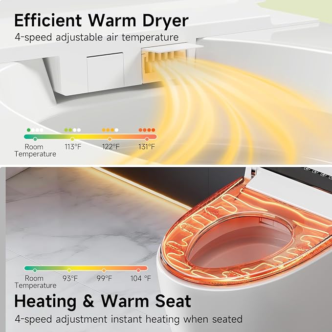 Nordic Smart Toilet with Built in, Auto Open Close Lid,Tankless One Piece Toilet, ADA Comfort Height, 1.28 GPF Auto Dual Flush, Heated Seat, Warm Air Dryer & Digital Display